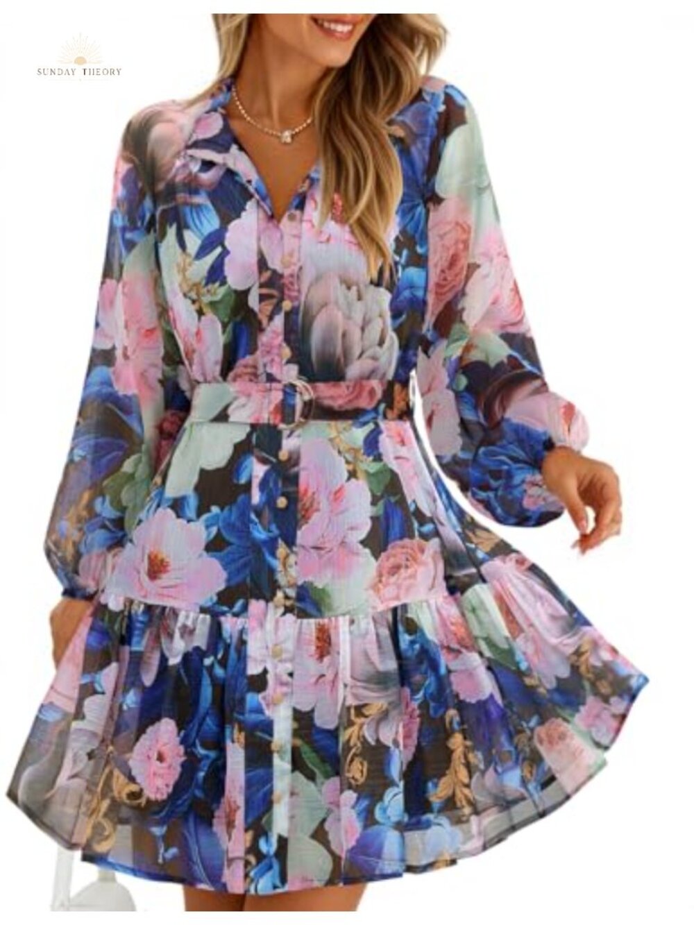 Women's Long Sleeve Floral Mini Dress Button Front A-Line Chiffon
